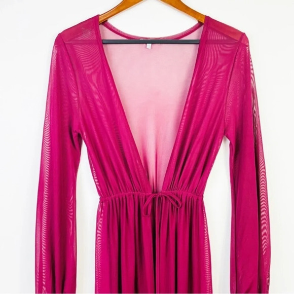 Thin Mesh Long Sleeve Tie Front Swimsuit Swim Beach Maxi Cover Up Dress - Picture 3 of 8